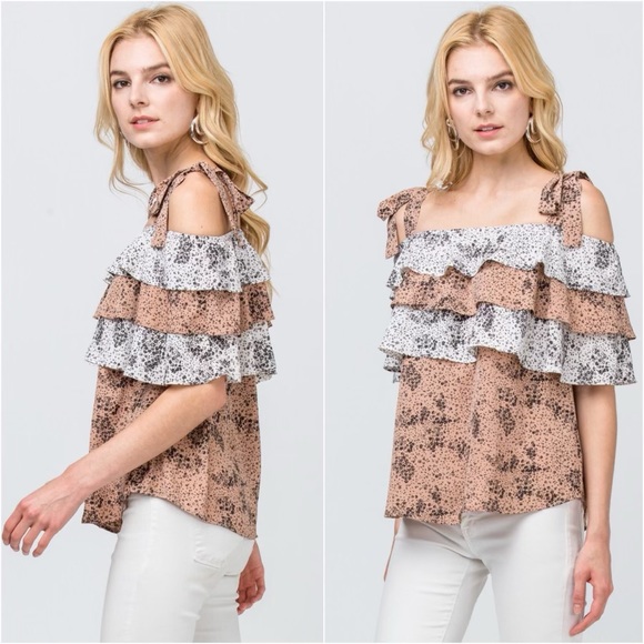 New Adorable Off The Shoulder Mocha Brown, Ivory Tiered Ruffle Floral Print Top - Picture 2 of 5
